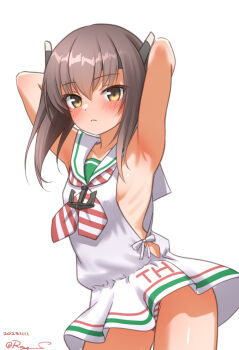 1girl arms_behind_head blush breasts brown_eyes brown_hair cosplay cowboy_shot dress headgear kantai_collection libeccio_(kancolle) libeccio_(kancolle)_(cosplay) looking_at_viewer neckerchief panties pink_panties ray.s sailor_collar sailor_dress short_hair sleeveless sleeveless_dress small_breasts solo striped_neckerchief taihou_(kancolle) underwear white_background white_dress white_sailor_collar