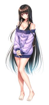 1girl amakano_2 bare_legs bare_shoulders barefoot blush breasts brown_hair cleavage closed_mouth collarbone full_body kurohime_yuuhi large_breasts large_variant_set long_hair long_sidelocks looking_at_viewer off_shoulder official_art own_hands_together piromizu red_eyes shirt sidelocks simple_background smile solo standing tachi-e variant_set very_long_hair white_background