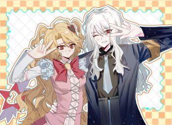 Rule 34 | 1boy, 1girl, absurdres, black shirt, blonde hair, blue coat, blue necktie, bochishiraita, border, bow, bowtie, coat, collared shirt, don quixote (project moon), e.g.o (project moon), hair ornament, heart, heart hair ornament, highres, in the name of love and hate (e.g.o), la manchaland's don quixote (project moon), limbus company, long hair, long sleeves, looking at viewer, necktie, one eye closed, pink bow, pink bowtie, pink vest, project moon, red eyes, sancho (project moon), shirt, simple background, the sword sharpened with tears (e.g.o), two side up, upper body, v, very long hair, vest, white background, white hair, yellow border