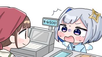 2girls ^^^ amane_kanata blue_hair blue_shirt blue_wings blush_stickers brown_eyes brown_hair cash_register chibi closed_mouth grey_hair highres hololive mini_wings mochimiko multicolored_hair multiple_girls open_mouth profile purple_eyes shirt short_hair simple_background single_hair_intake smile sweat turn_pale two-tone_hair virtual_youtuber wavy_mouth white_background white_wings wings