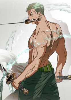 1boy commentary_request earrings glint green_pants highres jewelry korean_commentary looking_at_viewer male_focus mature_male mouth_hold muscular muscular_male one_piece pants pectorals roronoa_zoro scar scar_across_eye scar_on_face short_hair sideburns solo tektek070 topless_male triple_wielding water_drop white_background