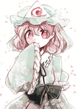 1girl black_bow blue_hat blue_kimono bow cherry_blossoms commentary falling_petals floral_print frilled_hat frilled_sailor_collar frilled_sleeves frills hat highres japanese_clothes kimono looking_at_viewer mob_cap petals pink_hair saigyouji_yuyuko sailor_collar smile solo tama_(hiroshige_36) touhou triangular_headpiece white_sailor_collar