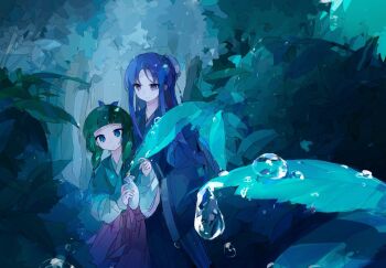 Rule 34 | 1boy, 1girl, beads, blue eyes, blue ribbon, blunt bangs, bottle, bun cover, chinese clothes, closed mouth, cowboy shot, dew drop, dot mouth, forest, green hair, green shirt, hair beads, hair bun, hair ornament, hair ribbon, half updo, hashtag-only commentary, holding, holding bottle, jinshi (kusuriya no hitorigoto), kamikiasu, kusuriya no hitorigoto, leaf, light smile, long hair, long skirt, maomao (kusuriya no hitorigoto), nature, outdoors, parted bangs, purple eyes, purple hair, red skirt, ribbon, shirt, skirt, water drop