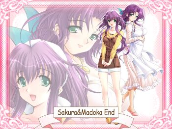 Rule 34 | 2girls, ahoge, aoi sakura (tsuma shibori), apron, breasts, dress, game cg, game over, good end, green eyes, hair ribbon, kotosuki madoka, kuroda akimi, large breasts, long hair, medium breasts, medium hair, multiple girls, non-web source, official art, purple hair, ribbon, siblings, sisters, skirt, tsuma shibori, tsumamigui (series)