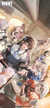 6+girls absurdres black_coat black_gloves black_hair blue_eyes blue_necktie blue_pants braid brid_(nikke) brid_(silent_track)_(nikke) brown_hair candy cart cat_girl cat_tail chair closed_eyes coat coffee collared_shirt commentary cropped day diesel_(nikke) diesel_(winter_sweets)_(nikke) english_commentary eyewear_on_head food gloves goddess_of_victory:_nikke grey_hair hair_over_one_eye hat highres holding holding_instrument holding_violin indoors infinity_rail_(nikke) instrument julia_(nikke) lollipop long_hair looking_at_another multiple_girls music necktie nero_(nikke) nora_(nikke) official_alternate_costume official_art on_chair open_mouth pants pink_eyes playing_instrument shirt sitting smile soline_(frost_ticket)_(nikke) soline_(nikke) starcat tail train train_interior twin_braids violin white_hat white_shirt window