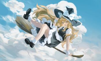 1girl absurdres adjusting_clothes adjusting_headwear apron artist_name black_bow black_hat black_shoes blonde_hair bow braid broom broom_riding brown_eyes chinese_commentary cloud commentary_request dated dress hair_between_eyes hat hat_bow highres kirisame_marisa light_blush long_hair looking_at_viewer mary_janes midair open_mouth puffy_short_sleeves puffy_sleeves shijiu_(shizuoxing) shoes short_sleeves single_braid sky socks solo touhou two-tone_dress very_long_hair white_apron white_bow white_socks white_wrist_cuffs witch_hat wrist_cuffs