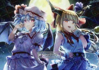 Rule 34 | 2girls, alto2019, ball and chain restraint, bat wings, blonde hair, blue hair, bow, brown horns, chain, closed mouth, collared shirt, commentary request, commission, frilled shirt collar, frills, full moon, gourd, hair bow, hand on own hip, hat, hat ribbon, horn ornament, horn ribbon, horns, ibuki suika, looking at viewer, mob cap, moon, multiple girls, night, oni, open mouth, orange eyes, pink hat, pink shirt, pink skirt, puffy short sleeves, puffy sleeves, purple skirt, red bow, red eyes, remilia scarlet, ribbon, sample watermark, shirt, short sleeves, signature, skeb commission, skirt, skirt hold, sky, sleeve bow, smile, touhou, watermark, watermark grid, white shirt, wings