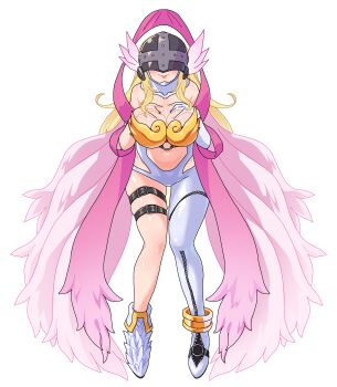 1girl absurdres angel angel_wings angewomon ankle_boots anklet asymmetrical_clothes bare_shoulders belt black_belt blonde_hair bodysuit boobplate boots breast_suppress breastplate breasts cleavage closed_mouth clothing_cutout commentary_request covered_collarbone covered_eyes digimon digimon_(creature) elbow_gloves feathered_wings full_body gerusyu gloves hagoromo helmet helmet_over_eyes highres hip_vent holy_ring jewelry large_breasts leaning_forward long_hair multiple_wings navel o-ring o-ring_belt pink_ribbon pink_wings ribbon shawl single_elbow_glove skindentation solo stomach stomach_cutout strapless_bodysuit thigh_belt thigh_strap tongue tongue_out white_bodysuit white_boots white_gloves winged_helmet wings zipper