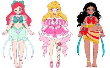 1990s_(style) 3girls adapted_costume animification anklet aqua_bow aqua_bowtie aqua_choker aqua_eyes aqua_shirt aqua_skirt ariel_(disney) aurora_(disney) back_bow bad_id bad_twitter_id bare_legs barefoot bikini black_hair blonde_hair blue_choker bow bow_choker bowtie bracelet bright_pupils brooch brown_eyes brown_shirt bubble_skirt choker clenched_hands closed_mouth collarbone commentary curly_hair dark-skinned_female dark_skin disney dot_nose dress earrings english_commentary eyelashes faux_retro_artstyle flat_color flower flower_brooch flower_on_leg footwear_flower frilled_dress frilled_skirt frilled_sleeves frills fringe_trim full_body gloves gold_anklet gold_earrings gold_tiara hair_bow happy heart heart_in_eye honeymoonpetal jewelry large_bow light_blush lipstick long_hair magical_girl makeup midriff mini_tiara miniskirt moana_(movie) moana_waialiki multiple_girls necklace off-shoulder_dress off_shoulder one_eye_closed open_mouth petticoat pink_bow pink_choker pink_dress pink_flower pink_lips pink_rose pink_shoes plant pleated_dress puffy_short_sleeves puffy_sleeves purple_bikini purple_eyes red_bow red_hair retro_artstyle rose see-through_clothes see-through_shirt see-through_skirt see-through_sleeves shell_brooch shirt shoes short_sleeves sidelocks simple_background skirt skirt_set sleeping_beauty_(disney) smile straight-on stud_earrings swimsuit symbol_in_eye tareme the_little_mermaid_(disney) thorns tiara toes vertical-striped_sleeves vines waist_bow wavy_hair white_background white_bow white_bowtie white_gloves white_pupils