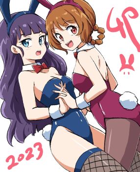 Rule 34 | 2023, 2girls, animal ears, black hair, blue eyes, blue leotard, blunt bangs, bow, bowtie, braid, breasts, brown hair, brown pantyhose, chinese zodiac, cleavage, collar, commentary, covered navel, delicious party precure, detached collar, dutch angle, fake animal ears, fake tail, fishnet thighhighs, fishnets, grey thighhighs, hair rings, hanamichi ran, highres, holding hands, interlocked fingers, kasai amane, leotard, light blush, light frown, long hair, looking at viewer, looking back, medium hair, multiple girls, open mouth, pantyhose, playboy bunny, precure, purple leotard, rabbit ears, rabbit tail, red bow, red bowtie, red eyes, sitting, small breasts, smile, strapless, strapless leotard, tail, thighhighs, uraki, white background, white collar, wing collar, wrist cuffs, year of the rabbit
