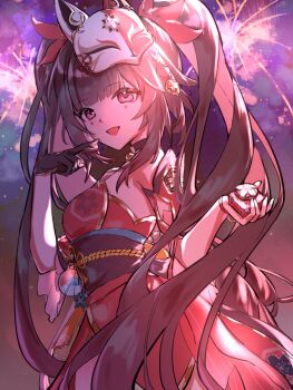 1girl aerial_fireworks bare_shoulders black_gloves black_sash blunt_bangs bow bracelet brown_hair cherry_blossom_print chinese_commentary circon commentary_request cowboy_shot detached_sleeves dress eyelashes finger_to_cheek fireworks floral_print flower_knot fox_mask gloves hair_bow hair_ornament hair_ribbon happy highres holding honkai:_star_rail honkai_(series) jewelry long_hair marking_on_cheek mask mask_on_head night night_sky obi open_mouth outdoors pink_eyes print_dress purple_sky red_bow red_dress red_mask red_sleeves ribbon sash short_sleeves sidelocks single_glove sky smile solo sparkle_(honkai:_star_rail) star_(sky) starry_sky strapless strapless_dress striped_clothes striped_dress tress_ribbon tsurime twintails two-tone_mask vertical-striped_clothes vertical-striped_dress very_long_hair waist_ribbon wavy_hair white_mask yellow_ribbon
