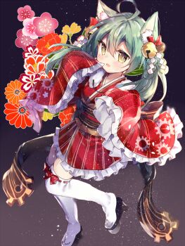 1girl akashi_(akashi's_in_the_red_nya!)_(azur_lane) akashi_(azur_lane) animal_ear_fluff animal_ears azur_lane bell black_sandals brown_sash cat_ears cat_girl commentary_request flower frilled_kimono frills gear_print green_hair hair_bell hair_between_eyes hair_ornament japanese_clothes jingle_bell kimono kneehighs long_hair mole mole_under_eye obi official_alternate_costume okobo pink_flower platform_sandals red_flower red_kimono red_ribbon ribbon ribbon-trimmed_socks ribbon_trim sandals sash short_kimono sleeves_past_fingers sleeves_past_wrists socks solo tatara_maguro white_socks wide_sleeves yellow_eyes yellow_flower