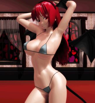 1girl 3d animated animated_gif armpits arms_up bat_wings bikini bouncing_breasts breasts dancing demon_girl female_focus head_wings koakuma large_breasts long_hair lowres matching_hair/eyes me!me!me! micro_bikini mikumikudance_(medium) parody red_eyes red_hair solo source_request swimsuit touhou wings