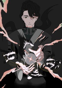 1boy absurdres black_hair black_robe black_shirt cowboy_shot curtained_hair extra_hands high_ponytail highres long_hair magic male_focus ponytail rnio19 robe serious shadow_slave shirt solo spoilers string sunny_(shadow_slave) underlighting