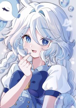 1girl :d ahoge alternate_costume alternate_hairstyle blue_eyes blue_hair blue_nails blue_ribbon braid bubble drop-shaped_pupils furina_(genshin_impact) genshin_impact geumxxi grey_background hair_between_eyes hashtag-only_commentary heterochromia highres long_hair looking_at_viewer multicolored_hair nail_polish open_mouth ribbon shirt short_sleeves smile streaked_hair surintendante_chevalmarin symbol-shaped_pupils twin_braids upper_body white_hair white_shirt