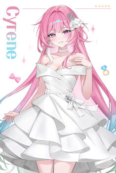 1girl alternate_costume aqua_hair bare_shoulders blush breasts character_name cleavage collarbone commentary cyrene_(demiurge)_(honkai:_star_rail) cyrene_(honkai:_star_rail) dress fingernails gradient_hair hair_intakes hair_ornament hand_on_own_chest hasom highres honkai:_star_rail honkai_(series) large_breasts long_hair looking_at_viewer multicolored_hair nail_polish off-shoulder_dress off_shoulder parted_lips pink_hair purple_eyes simple_background smile solo very_long_hair white_background white_dress white_hair white_nails
