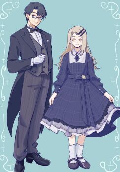 1boy 1girl aqua_background black_bow black_bowtie black_dress black_hair black_jacket black_ribbon black_shoes black_suit black_tailcoat blonde_hair border bow bowtie breast_pocket brooch brown_pants brown_vest butler closed_mouth collar collared_dress collared_shirt colored_eyelashes commentary_request curtsey dress dress_bow dress_shirt dress_shoes earrings formal_clothes full_body gakuen_idolmaster glasses gloves grey_eyes hair_ornament hairclip hand_up highres idolmaster jacket jewelry lapels light_blush long_hair long_sleeves looking_at_another looking_at_viewer looking_to_the_side mary_janes neck_ribbon orange_eyes ornate_border oxfords pants parallel_hairclips parted_bangs peaked_lapels petticoat plaid_clothes plaid_dress pocket pocket_square producer_(idolmaster) puffy_long_sleeves puffy_sleeves rectangular_eyewear ribbon semi-rimless_eyewear shinosawa_hiro shirt shoes short_hair simple_background skirt_hold smile standing striped_clothes striped_pants stud_earrings suit tailcoat under-rim_eyewear vertical-striped_clothes vertical-striped_pants vest waistcoat white_collar white_gloves white_shirt white_shoes wing_collar yasuzero