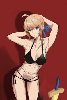 1girl absurdres aesc_(fate) ahoge armpits artoria_pendragon_(fate) bikini black_bikini blonde_hair breasts choppy_bangs cleavage cowboy_shot fate/grand_order fate/stay_night fate_(series) green_eyes hair_bun highres large_breasts leaning_forward lsv0920 medium_breasts red_background saber_(fate) shadow sidelocks simple_background sketch swimsuit sword thigh_gap type-moon unfinished upper_body weapon