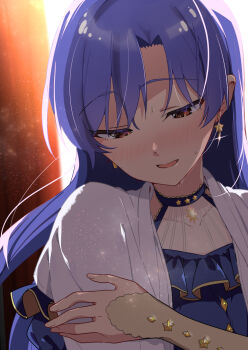 1girl blue_dress blue_hair blush brown_eyes commentary_request dress earrings frilled_dress frills gold_trim half-closed_eyes highres idolmaster idolmaster_(classic) jewelry kisaragi_chihaya long_hair looking_down sekine_hajime solo star_(symbol) star_earrings upper_body