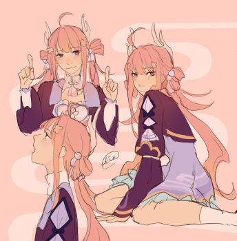 1girl ahoge bad_tag bare_legs commentary detached_sleeves dress fantasy finger_gun flat_color flower frills hair_flower hair_ornament hair_ribbon highres honkai_(series) honkai_impact_3rd horns long_hair multiple_views pastel_colors pink_hair profile purple_dress red_eyes ribbon serious signature simple_background sitting sketch small_horns smile symbol-only_commentary thighs twintails white_dress youyun_(honkai_impact)