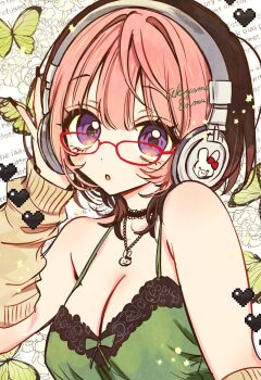 Rule 34 | 1girl, :o, akiyama enma, arm warmers, artist name, black hair, blush, breasts, brown arm warmers, bug, butterfly, camisole, cleavage, colored bangs, commentary request, cursive, glasses, green butterfly, green camisole, headphones, highres, insect, large breasts, looking at viewer, mini eyewear, multicolored hair, noa-senpai wa tomodachi., parted lips, pink hair, purple eyes, red-framed eyewear, saotome noa, short hair, signature, solo, two-tone hair, white background