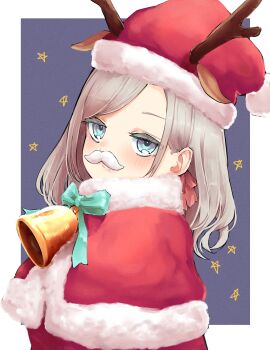 1girl absurdres aqua_bow bell blue_eyes border bow capelet ceras_yanagida_lilienfeld closed_mouth commentary_request fake_facial_hair fake_mustache fur-trimmed_capelet fur-trimmed_headwear fur_trim grey_hair hair_ribbon hat highres link!_like!_love_live! long_hair love_live! mendo_(mend0o0) neck_bell outside_border pink_ribbon red_capelet red_hat ribbon santa_costume santa_hat smile solo star_(symbol) star_symbol_background upper_body virtual_youtuber white_border