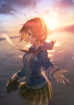 1girl absurdres aoi_momo beach blazer blue_jacket breasts brown_hair commentary_request hair_ornament hair_over_one_eye hairclip heaven_burns_red highres holding holding_shoes holding_unworn_clothes jacket kayamori_ruka loafers long_sleeves looking_at_viewer medium_breasts necktie ocean outdoors plaid_clothes plaid_skirt pleated_skirt red_eyes red_necktie school_uniform shirt shoes short_hair skirt smile solo sunlight unworn_shoes white_shirt