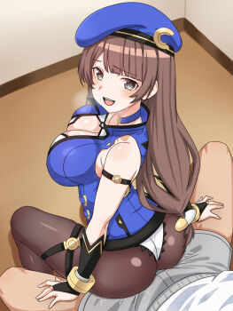 1boy 1girl ass bare_shoulders beret blush breasts brown_eyes brown_hair c-sha choujigen_game_neptune come_hither compile_heart from_above from_behind hat highres idea_factory in_heat large_breasts long_hair looking_at_viewer looking_back naughty_face neptune_(series) open_mouth pantyhose pov shorts sideboob sitting sitting_on_person smile solo_focus teasing very_long_hair zatsu
