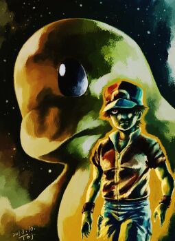 1boy 2013 ayk-rs401i baseball_cap brown_hair charmander commentary corel_painter_(medium) cowboy_shot gen_1_pokemon hat hat_over_one_eye male_focus nintendo pokemon pokemon_(creature) pokemon_focus pokemon_origins red_(pokemon) red_hat red_shirt shirt short_hair short_sleeves star_(sky) starry_sky_background wristband