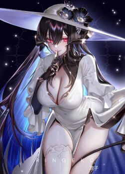 1girl absurdres artist_name black_gloves black_hair black_horns black_tail blue_hair breasts cleavage colored_inner_hair commentary constance_(honkai:_star_rail) covered_navel cowboy_shot dress elbow_gloves finger_to_mouth flower gloves hair_between_eyes hand_up hashtag-only_commentary hat hat_flower heart heart-shaped_pupils highres honkai:_star_rail honkai_(series) horns index_finger_raised large_breasts leaning_forward light_blush long_hair looking_at_viewer mole mole_under_eye multicolored_hair parted_lips red_eyes ringeko-chan shushing smile solo symbol-shaped_pupils tail thighs very_long_hair white_dress white_hat