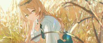 1girl ashima_(roro046) blonde_hair grass green_eyes highres long_hair long_sleeves looking_at_viewer on_grass original shirt smile solo sunlight white_shirt