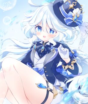 absurdres blue_eyes blue_hair blue_hat blue_jacket chiika_(cure_cherish) drop-shaped_pupils furina_(genshin_impact) genshin_impact gloves hat highres jacket light_blue_hair long_hair long_sleeves mismatched_pupils multicolored_hair open_mouth symbol-shaped_pupils thighs top_hat white_gloves white_hair