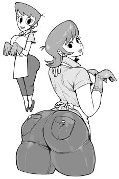 1girl apron ass back bad_id bad_pixiv_id breasts cartoon_network comparison curvy dexter&#039;s_laboratory dexter&#039;s_mom female_focus gloves greyscale highres huge_ass large_breasts latex latex_gloves looking_at_viewer looking_back mature_female monochrome multiple_views pants plump rubber_gloves simple_background skin_tight synecdoche thick_thighs thighs white_background wide_hips
