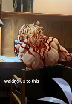 1boy antenna_hair arm_tattoo back back_tattoo blonde_hair commentary computer english_commentary english_text from_behind gradient_hair hand_on_own_head highres honkai:_star_rail honkai_(series) laptop male_focus medium_hair meme multicolored_hair mydei_(honkai:_star_rail) out_of_frame phainon_(honkai:_star_rail) red_hair red_tattoo rilooo sitting solo tattoo topless_male two-tone_hair waking_up_to_this_(meme)