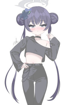 1girl absurdres alternate_costume belt belt_collar black_belt black_hair black_pants blue_archive breasts butterfly_hair_ornament collar collarbone commentary_request cowboy_shot crop_top double_bun grey_eyes grey_halo hair_between_eyes hair_bun hair_ornament halo hand_on_own_hip highres kisaki_(blue_archive) long_hair long_sleeves looking_at_viewer navel pants runarie sidelocks simple_background small_breasts solo standing stomach twintails white_background