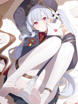 Rule 34 | 1girl, anklet, blue panties, blush, collared shirt, commentary, deyui, envelope, feet, flower, freesia (stella sora), full body, grey hair, grey hat, grey jacket, hair flower, hair ornament, hat, highres, holding, holding envelope, indoors, jacket, jewelry, legs up, long hair, long sleeves, looking at viewer, lying, miniskirt, no shoes, on back, panties, panties under pantyhose, pantyhose, parted lips, pinstripe pattern, pinstripe shirt, pleated skirt, red eyes, red shirt, shirt, single sidelock, skirt, soles, stella sora, striped clothes, striped panties, thigh strap, thighlet, toes, twintails, underwear, very long hair, white panties, white pantyhose