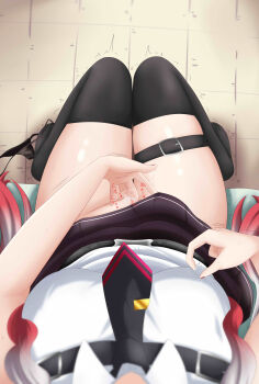 1girl absurdres bakerdex black_necktie black_panties black_skirt black_thighhighs breasts collared_shirt commentary covered_erect_nipples english_commentary female_masturbation female_pov fingering gradient_hair highres hololive large_breasts long_hair masturbation multicolored_hair nakiri_ayame necktie nipple_stimulation no_shoes panties pov red_hair shirt sitting skirt solo thigh_strap thighhighs two-tone_hair underwear unworn_panties virtual_youtuber white_hair white_shirt