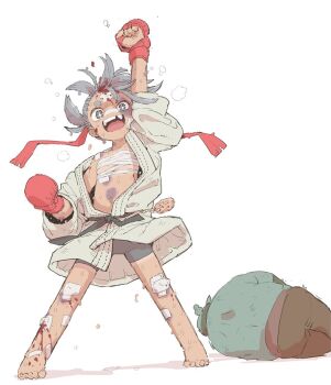 +_+ 1boy 1girl 999knight after_battle arm_up bandaid bandaid_on_cheek bandaid_on_face bandaid_on_forehead bandaid_on_leg bandaid_on_nose barefoot bike_shorts blood blood_on_face blood_on_leg bruise bruise_on_arm bruise_on_leg bruise_on_neck bruise_on_stomach bruised_eye budget_sarashi chest_sarashi colored_skin dougi flat_chest goblin goblin_slayer! good_end green_skin grey_hair head_bump injury legs_apart long_sleeves looking_at_viewer lying martial_arts_belt missing_tooth on_side open_mouth original outstretched_arm oversized_clothes pants sarashi scene_reference smile solo_focus standing sweat tan tanline toes