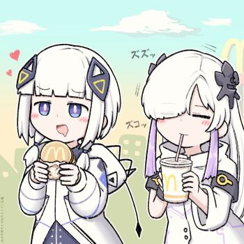 2girls :d =_= blue_eyes blue_sky blush burger cevio closed_eyes closed_mouth commentary_request cup disposable_cup drinking drinking_straw drinking_straw_in_mouth drooling eating eyes_visible_through_hair food hair_ornament hair_over_one_eye heart high_collar highres holding holding_burger holding_food hood hood_down hooded_jacket jacket kafu_(cevio) kamitsubaki_studio long_hair mcdonald's mouth_drool multiple_girls open_mouth outdoors sekai_(cevio) sky smile t_masoppu translation_request twintails white_hair white_jacket