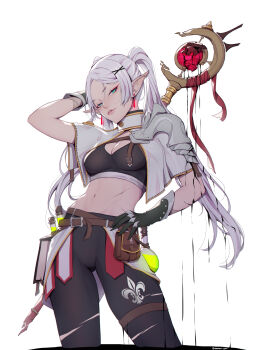 1girl absurdres armor black_gloves black_leggings black_sports_bra breasts capelet cleavage earrings elf flask fleur-de-lis floating_earrings frieren gloves green_eyes hair_ornament highres jewelry leggings liya_nikorov mage_staff medium_breasts navel pointy_ears potion round-bottom_flask shoulder_armor simple_background solo sousou_no_frieren sports_bra staff stomach twintails vial white_background white_capelet white_hair x_hair_ornament