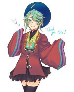 ao_nhat_binh black_skirt black_thighhighs bow bowtie green_eyes green_hair hair_ornament highres holostars kagami_kira khan_van momo_baban short_hair skirt smile thighhighs vietnamese_clothes virtual_youtuber white_background wide_sleeves