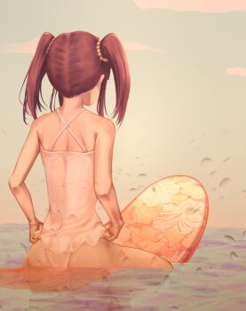 1girl beads casual_one-piece_swimsuit commentary_request criss-cross_halter day facing_away frilled_one-piece_swimsuit frills from_behind hair_beads hair_ornament halterneck highres idolmaster idolmaster_cinderella_girls licolicorice medium_hair ogata_chieri one-piece_swimsuit outdoors sidelocks sitting_on_surfboard solo surfboard swimsuit twintails wet_lens white_one-piece_swimsuit