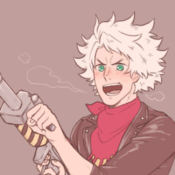 Rule 34 | 1boy, bandana, black jacket, blush, classicaloid, flamethrower, green eyes, holding, holding flamethrower, holding weapon, jacket, long sleeves, looking ahead, lowres, ludwig van beethoven (classicaloid), male focus, moroi (moroiohs), open mouth, red bandana, short hair, simple background, teeth, weapon, white hair