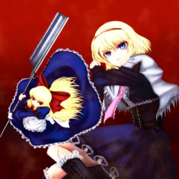 2girls alice_margatroid blonde_hair blue_eyes doll female_focus gradient_background hairband highres long_hair multiple_girls ribbon ruka short_hair solo touhou