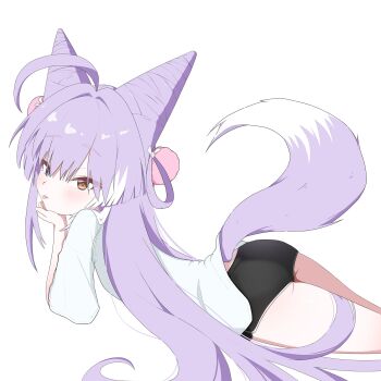 Rule 34 | 1girl, ahoge, artist request, ass, black shoes, blue eyes, brown eyes, choppy bangs, closed mouth, commentary request, cone hair bun, dolphin shorts, double bun, feet out of frame, fox girl, fox tail, from above, hair bun, hair intakes, hair ornament, hair rings, hand up, heterochromia, highres, korean commentary, long hair, looking at viewer, looking to the side, lying, micro shorts, multicolored hair, on stomach, pom pom (clothes), pom pom hair ornament, purple hair, second-party source, shirt, shoes, short sleeves, shorts, simple background, solo, stellive, straight hair, streaked hair, tail, tenko shibuki, tongue, tongue out, turning head, very long hair, virtual youtuber, white background, white shirt