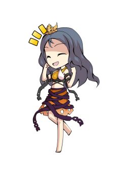 1girl bare_shoulders barefoot black_ribbon blue_hair breasts chibi chibi_only chirizuka_ubame clenched_hands closed_eyes commentary_request crop_top dairi full_body hands_up large_variant_set long_hair medium_breasts open_mouth orange_skirt purple_ribbon ribbon ribbon_around_body simple_background skirt smile solo standing standing_on_one_leg stomach tachi-e tears teeth tiara touhou transparent_background variant_set