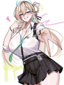 1girl aqua_eyes aqua_necktie asuna_(blue_archive) black_nails black_skirt blonde_hair blue_archive blush braid braided_bangs breasts breath cleavage collarbone commentary cosplay cowboy_shot earrings fingernails hair_between_eyes hair_ornament halo halo_behind_head hand_up heart highres huge_breasts id_card jewelry lengkuass long_fingernails long_hair looking_at_viewer lynae_(wuthering_waves) lynae_(wuthering_waves)_(cosplay) nail_polish necklace necktie notice_lines shirt shirt_tucked_in skirt skull_hair_ornament smile solo star_(symbol) star_earrings thighs v white_shirt wuthering_waves