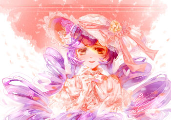 Rule 34 | 1girl, absurdres, bow, bowtie, brown eyes, capelet, chinese commentary, collared capelet, commentary request, dated, dot nose, drill hair, eyelashes, floral print, flower, frilled capelet, frills, gloves, hand on own chest, happy, hat, hat bow, hat flower, heart, highres, lace-trimmed headwear, lace trim, light blush, light particles, lipstick, long hair, low twintails, makeup, miracle nikki, muriel miaoke, nikki (series), open mouth, painttool sai (medium), petals, pink background, pink bow, pink capelet, pink flower, pink gloves, pink rose, print capelet, purple hair, red lips, rose, rose petals, rose print, signature, smile, solo, straight-on, stylist (nikki), sun hat, swept bangs, tareme, teeth, twin drills, twintails, two-sided fabric, two-sided headwear, two-tone background, upper body, upper teeth only, very long hair, white background, white bow, white bowtie, white hat, yellow flower, yellow rose