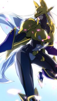 Rule 34 | 1girl, animal ears, armor, belt, black belt, black bodysuit, bodysuit, breasts, cherry blossoms, closed mouth, commentary request, covered collarbone, covered eyes, detached sleeves, digimon, digimon (creature), digimon tamers, digital hazard, facial mark, falling petals, floating hair, fox ears, fox mask, grey hair, high heels, highres, holding, holding staff, long hair, low twintails, mask, medium breasts, petals, primejr, purple lips, purple sleeves, sakuyamon, see-through cleavage, see-through clothes, shoes, shoulder armor, solo, staff, standing, standing on one leg, stirrup legwear, toeless legwear, twintails, variant set, very long hair, yellow armor, yellow mask, yellow shoes, yin yang, yin yang print