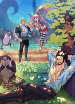 1girl 2boys animal arms_behind_head artist_name bandaged_arm bandaged_torso bandages beard belt bento black_hair blunt_bangs blush boots capelet commentary cross_pendant crown daisy_(flower) dracule_mihawk english_commentary facial_hair floating flower food food_on_face frilled_shirt frills full_body green_hair haramaki hat highres holding holding_umbrella looking_at_another monkey multiple_boys mustache one_piece onigiri pantyhose perona pink_hair red_capelet roronoa_zoro shirt skirt stnutt straw_hat striped_clothes striped_pantyhose twintails umbrella v-shaped_eyebrows